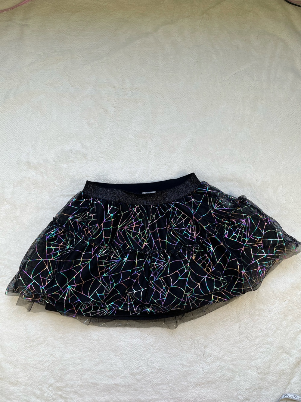 Black Holographic Web-Print Tiered Tulle Skirt